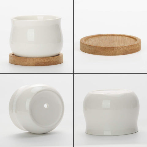 ZOUTOG white minimalist ceramic pot with wooden tray keeps surfaces clean
