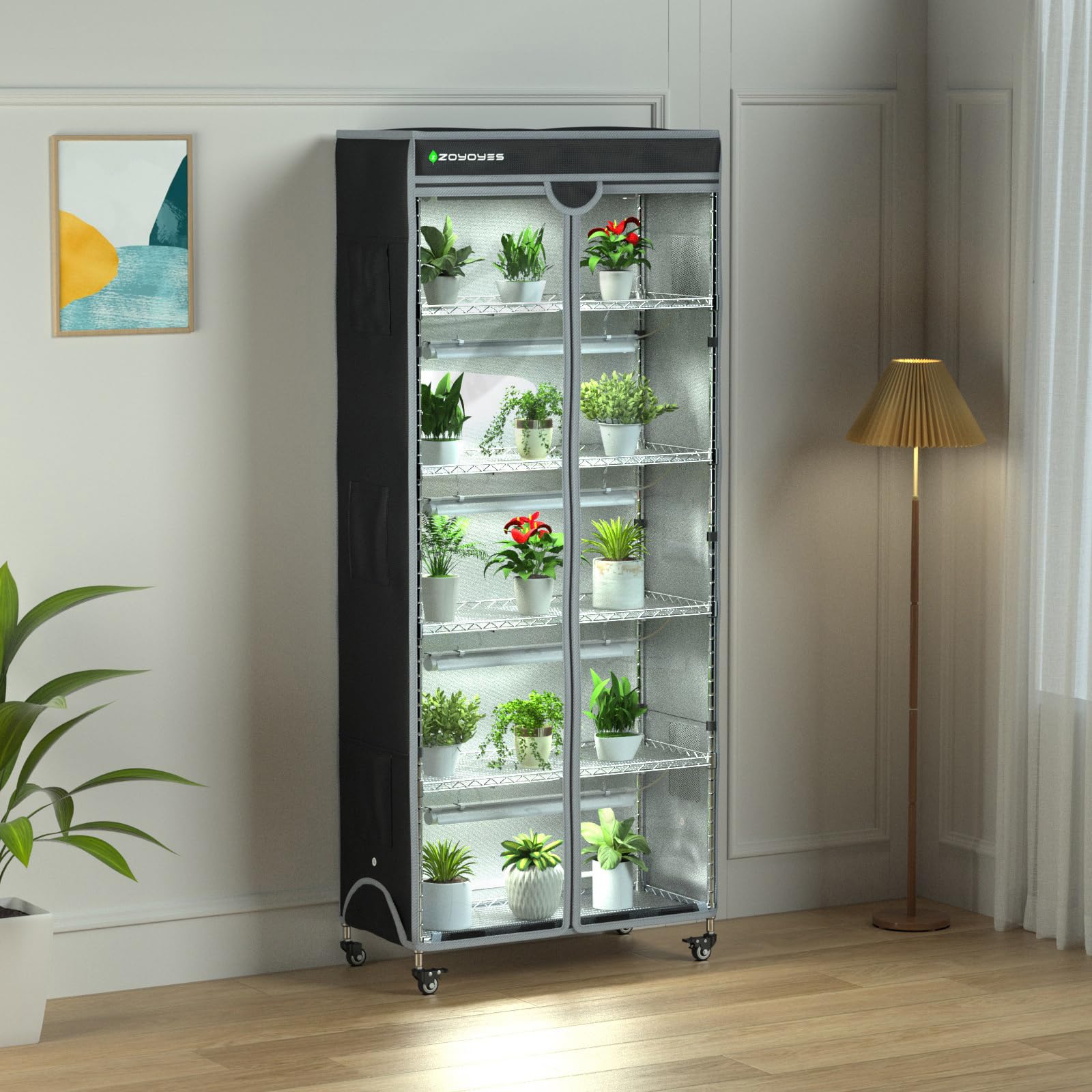 ZOYOYES heavy-duty metal shelves with wheels for easy relocation.