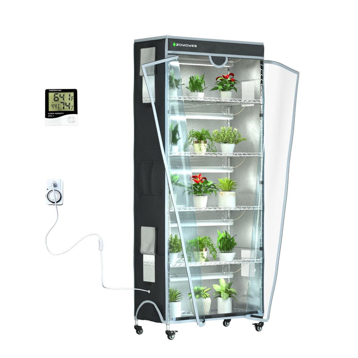 ZOYOYES indoor greenhouse 6-tier rack for compact spaces and seedlings.