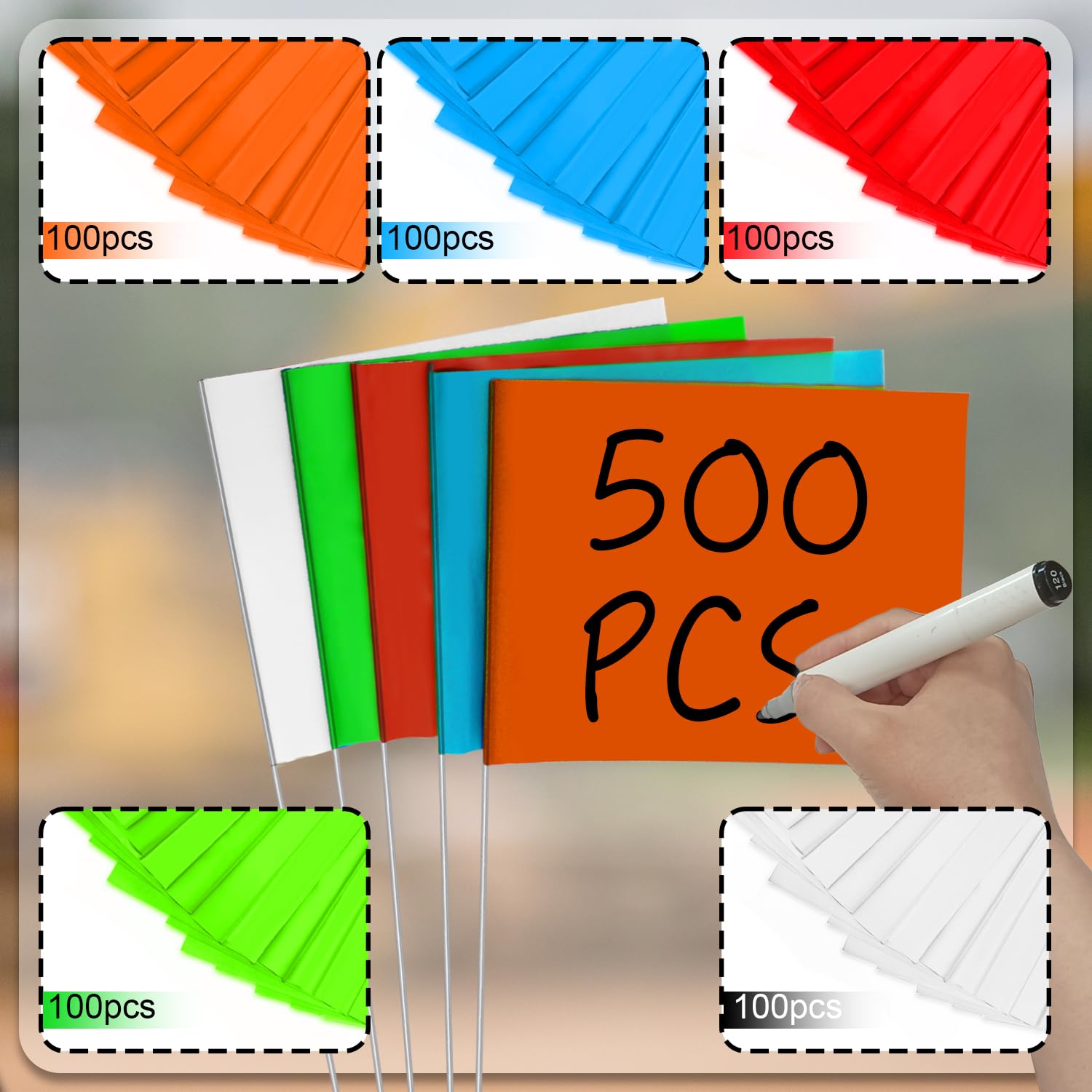 Orange Zozen marking flags provide high visibility for outdoor layouts