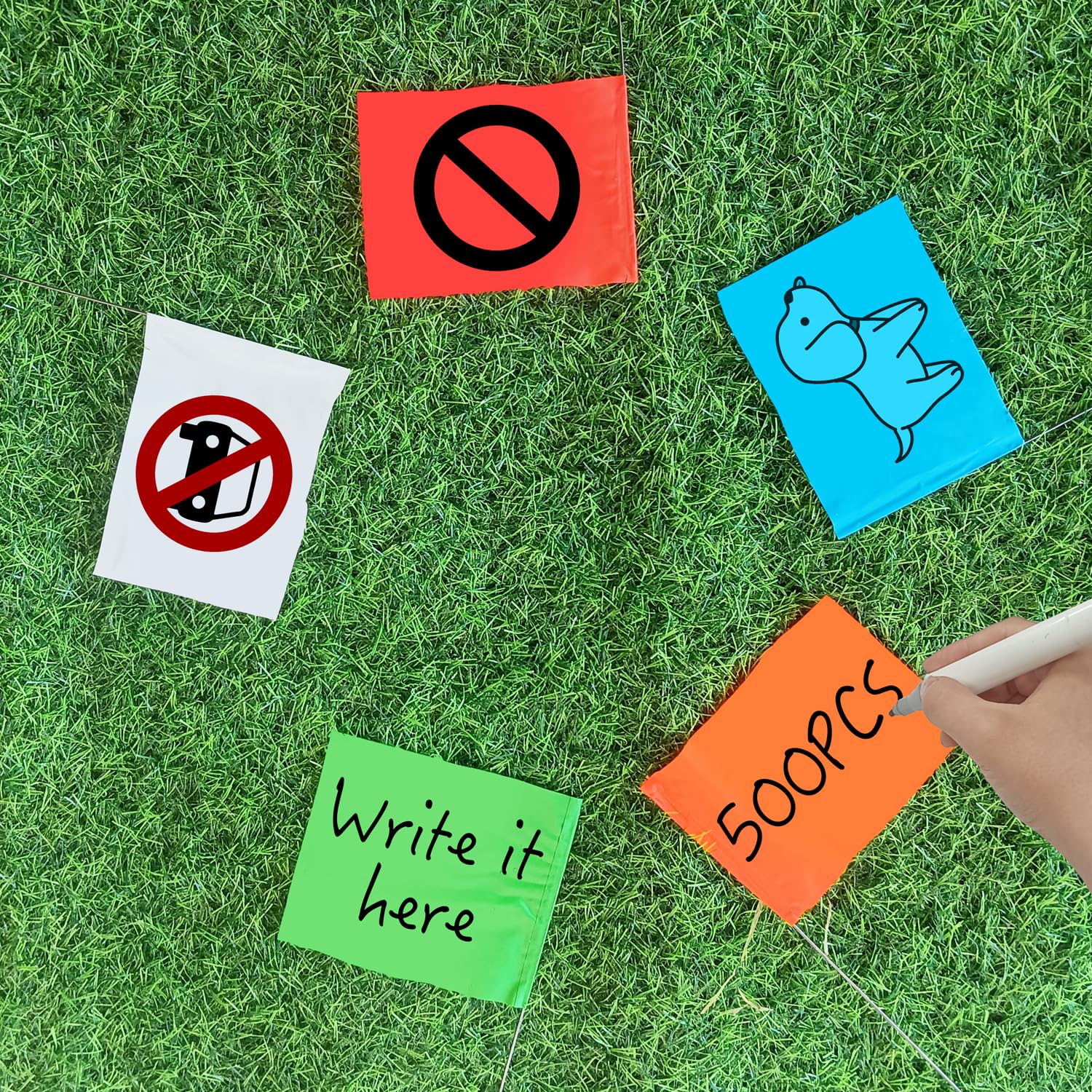 Red Zozen marking flags for clear area demarcation and caution
