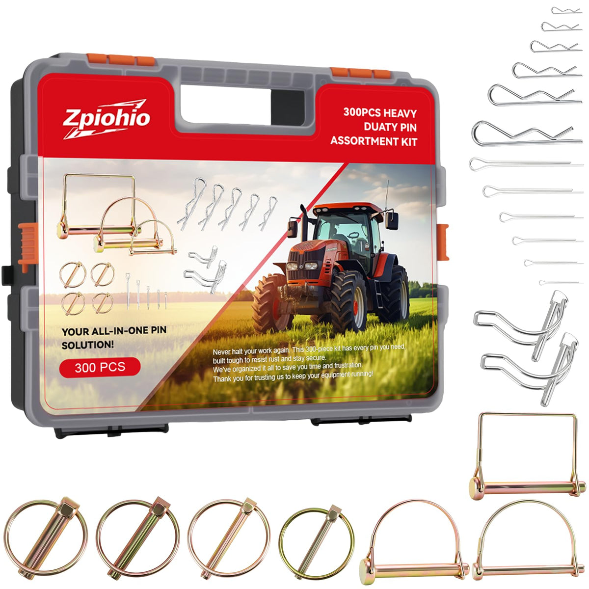 Zpiohio Cotter Pin Kit full box showing 300-piece assortment for farm and trailer repairs.