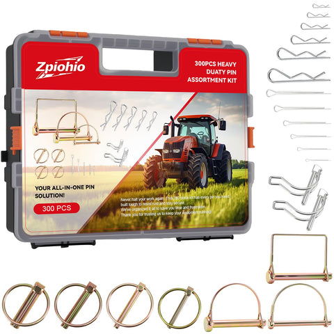 Zpiohio Cotter Pin Kit full box showing 300-piece assortment for farm and trailer repairs.