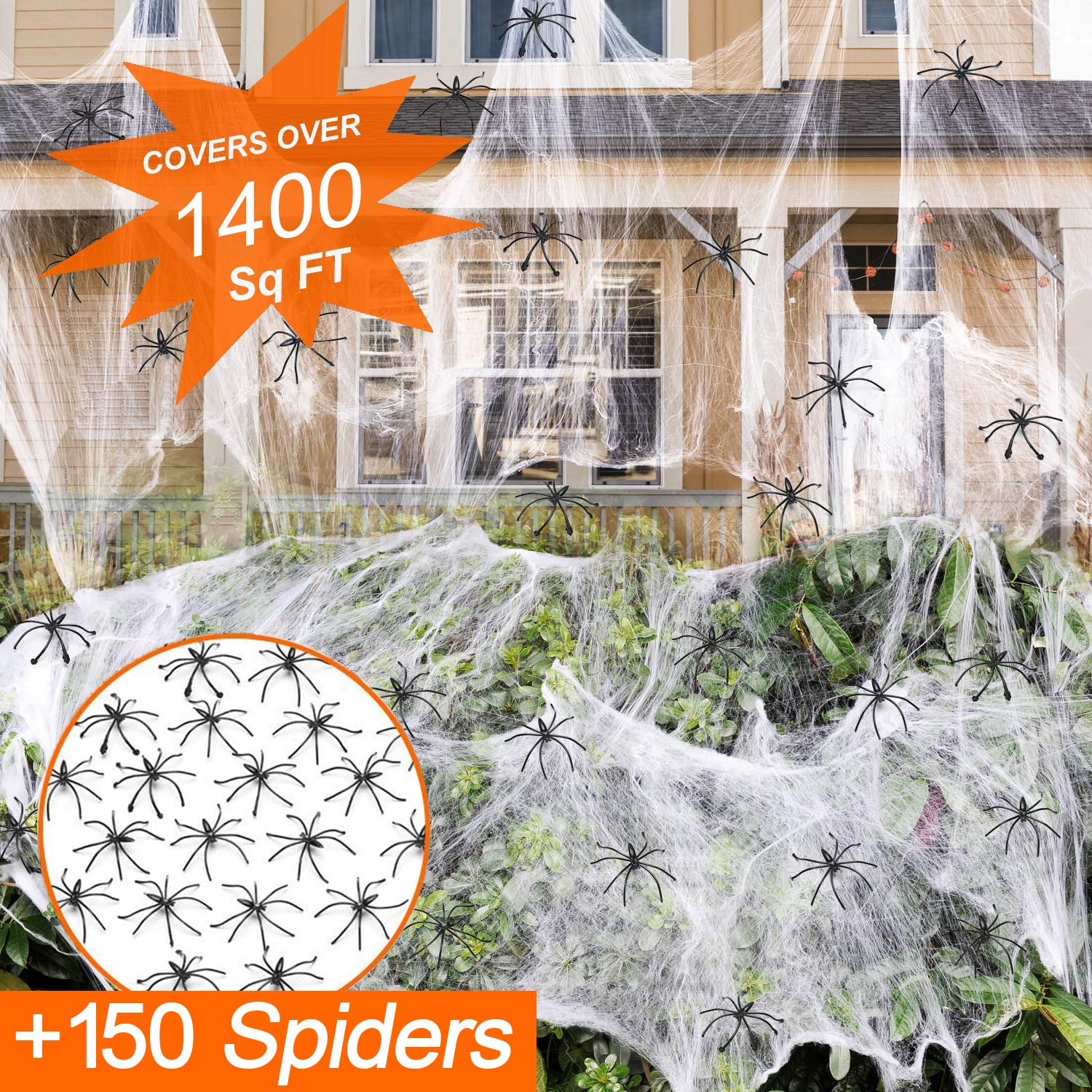 ZPISF Spider Webs with 150 extra spiders add realistic fright.