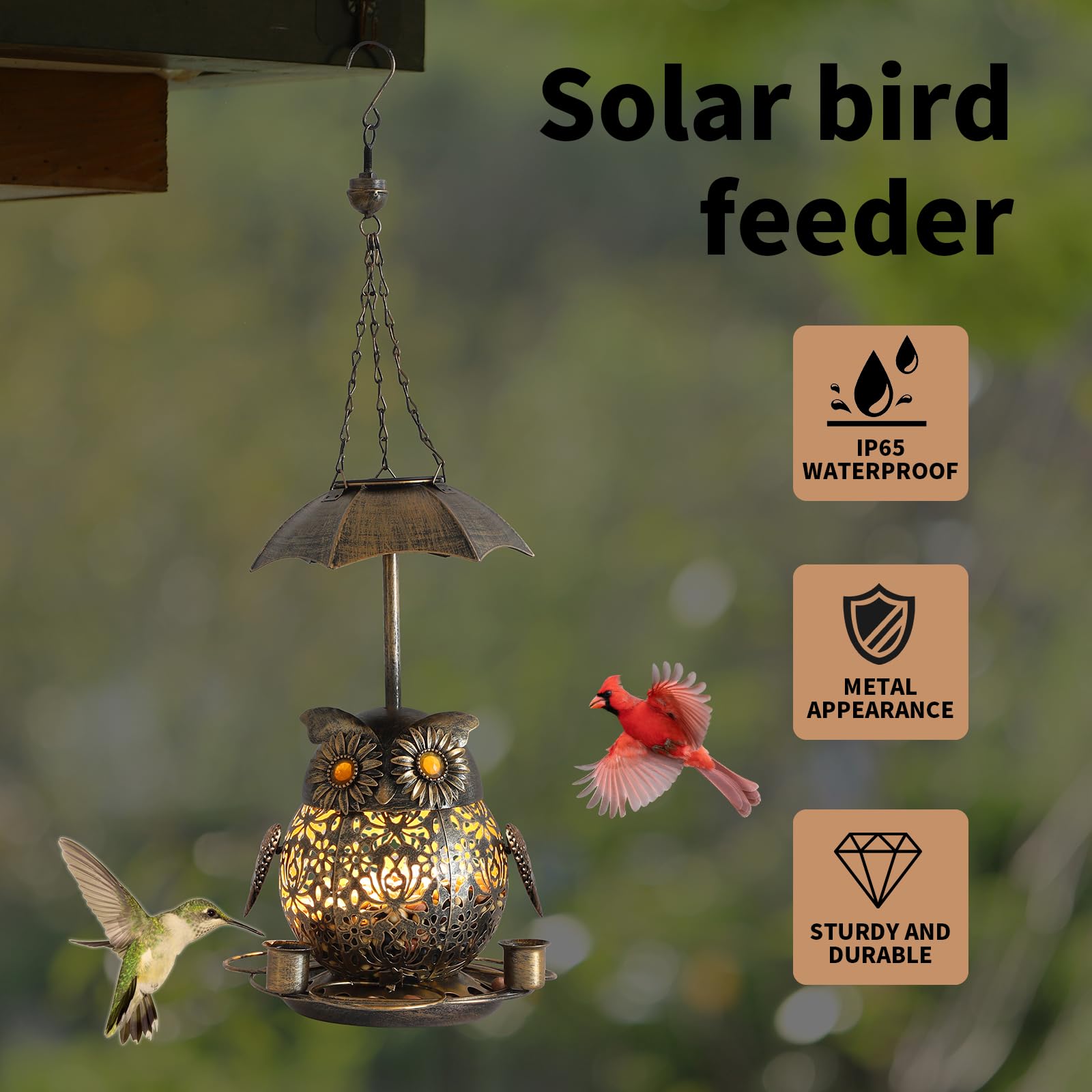 ZQMHJT bird feeder includes water cups for birds to sip during visits.