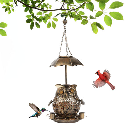 ZQMHJT solar bird feeder with owl-design, boosts garden bird visits.