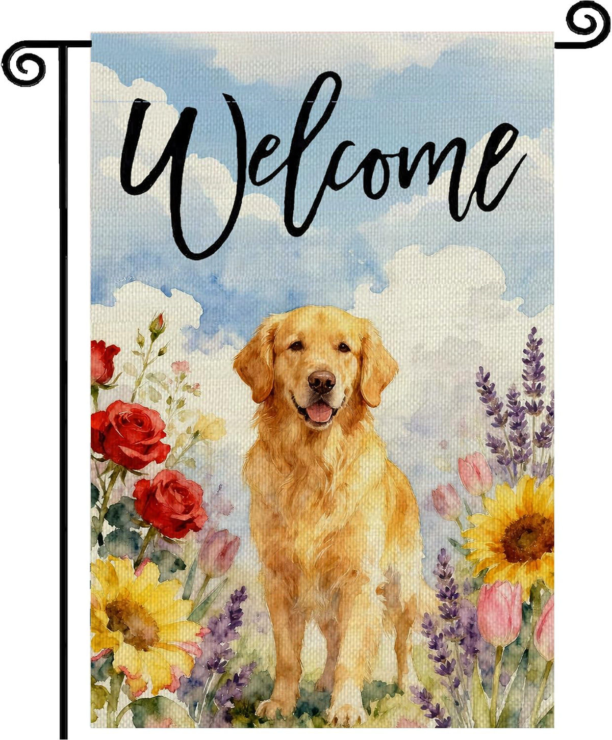 ZSYOUIDEAS golden retriever sunflowers flag welcoming guests in outdoor yard.
