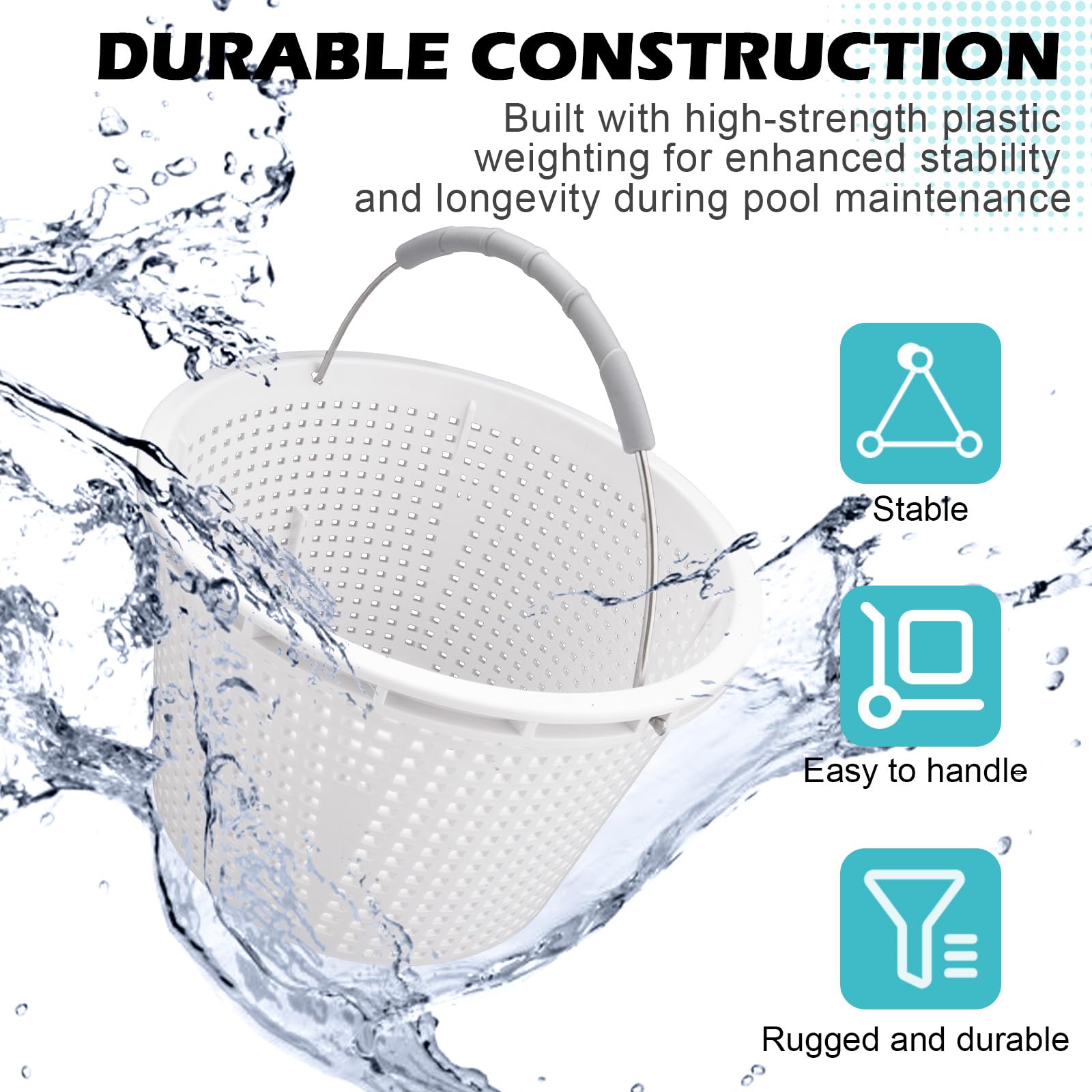 ZTTM white skimmer basket with rubber grip handle for comfortable, secure removal.