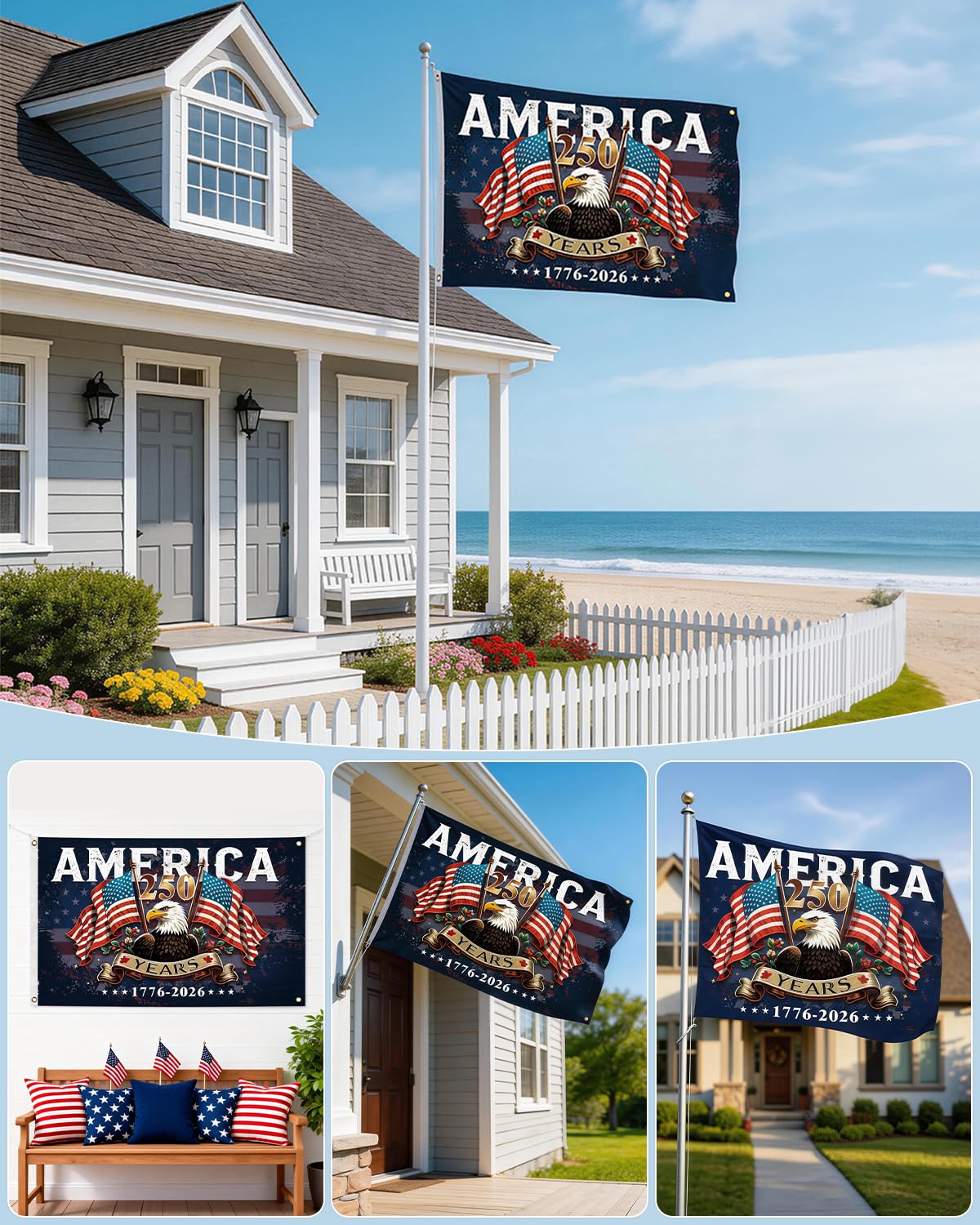 Ztzfacai 250th flag hanging rope included enables easy wall or porch display.