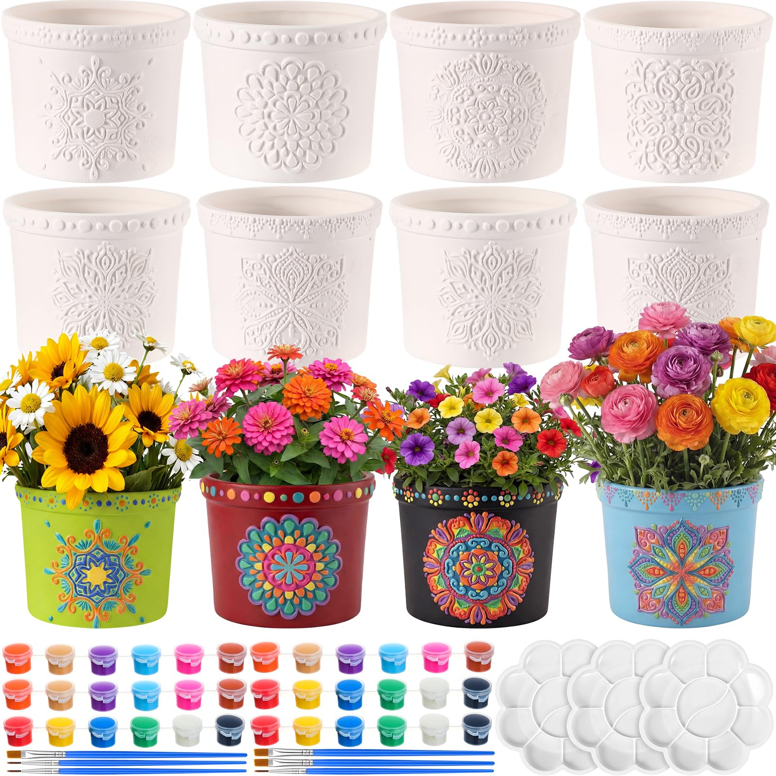 Zubebe 12-piece mandala pots ready for painting and planting.
