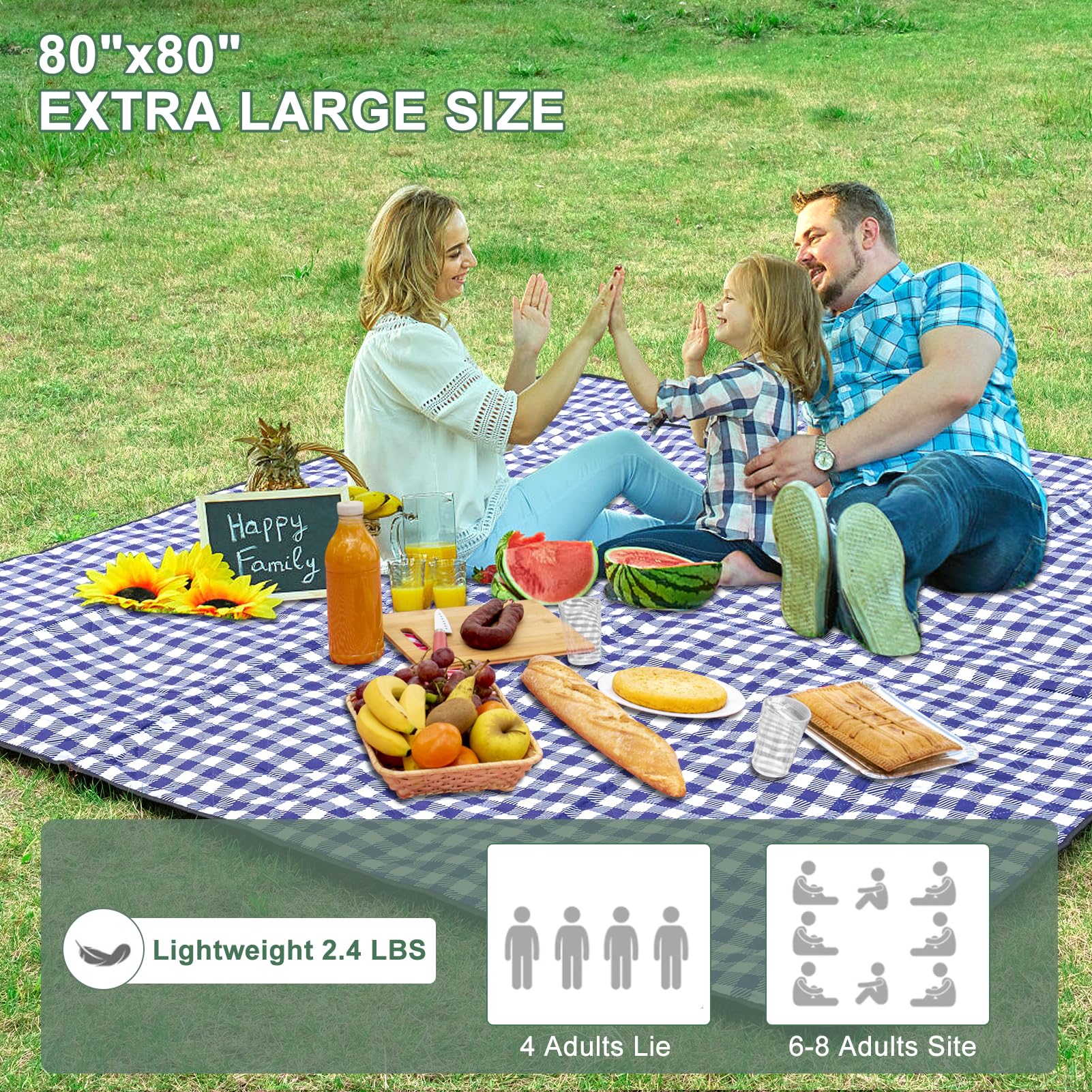 ZUBOND picnic blanket oversized 80x80 supports seating up to eight adults.