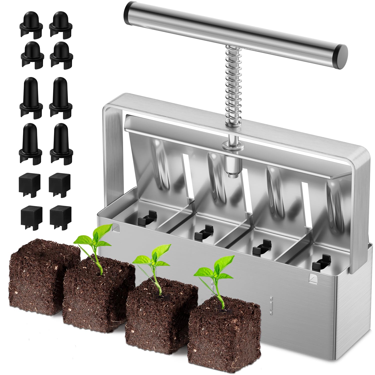 Zukakii soil blocker in action forming 2-inch 4-cell blocks.