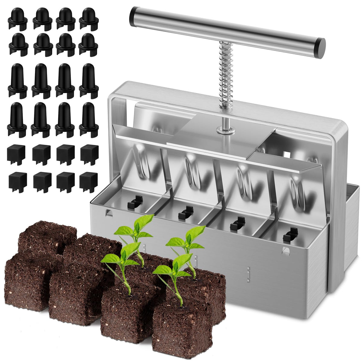 zukakii Soil Blocker front view forming 2-inch, 8-cell blocks for seeds