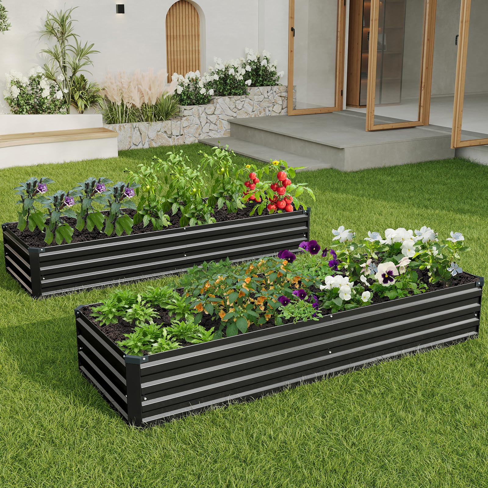 Outdoor garden scene with two ZUNUDA raised bed boxes side by side