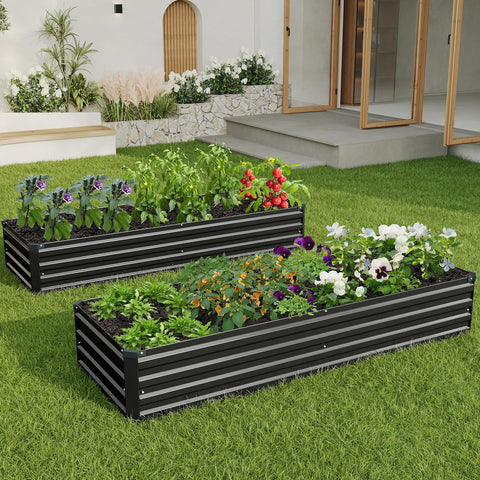 Outdoor garden scene with two ZUNUDA raised bed boxes side by side