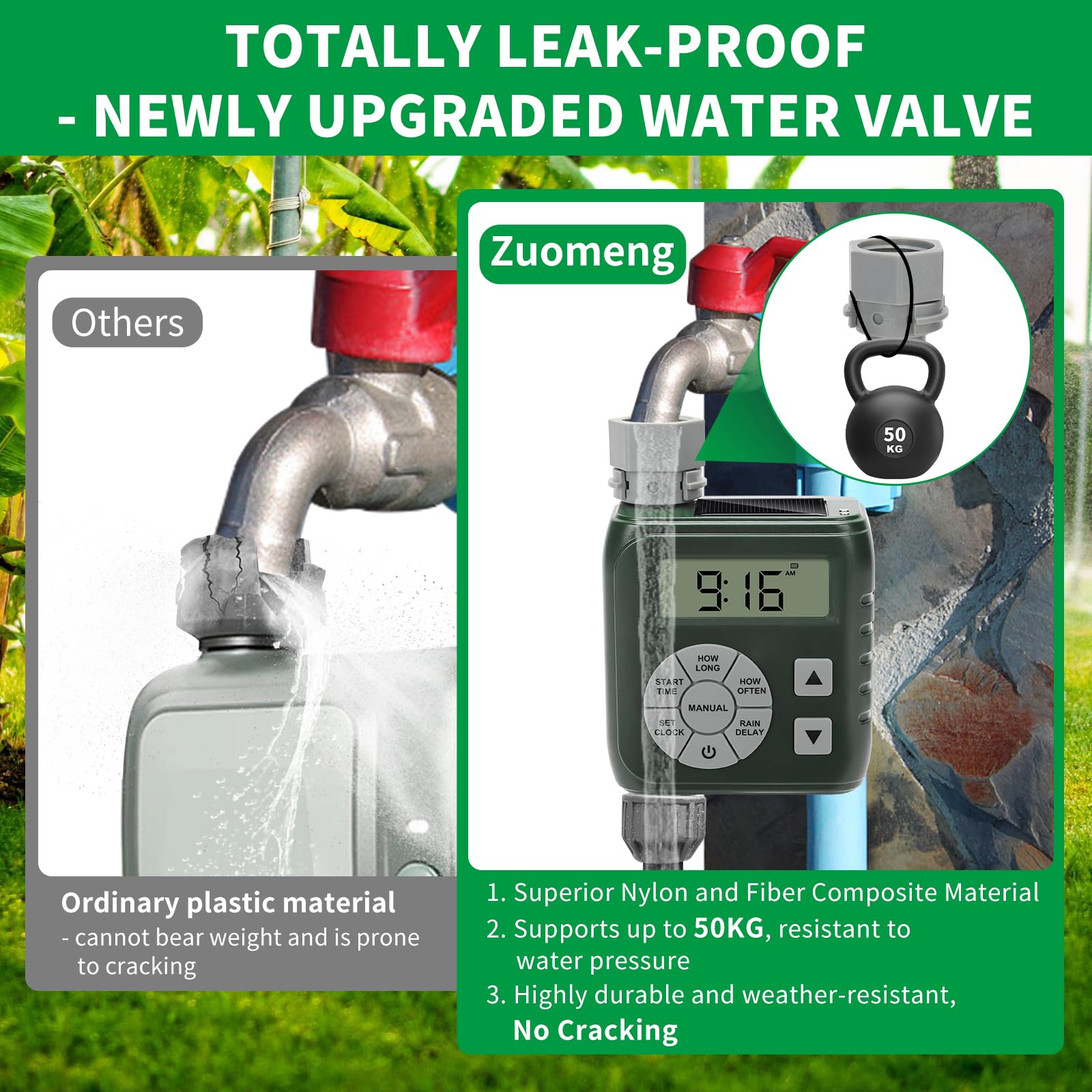 Zuomeng backup battery option ensures ongoing irrigation during low power.