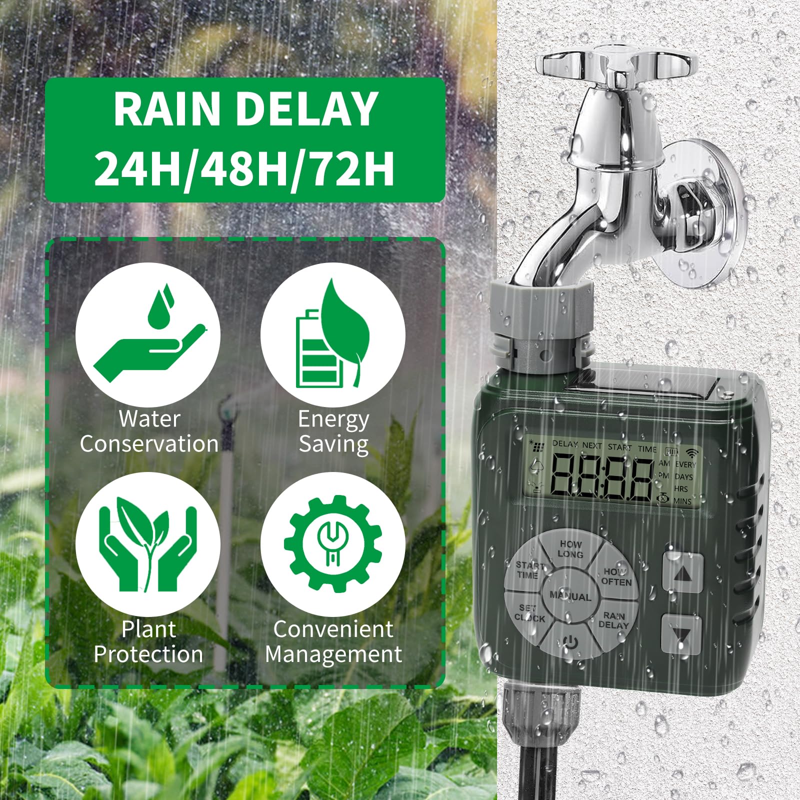 Zuomeng rain delay button pauses watering up to 72 hours as needed.