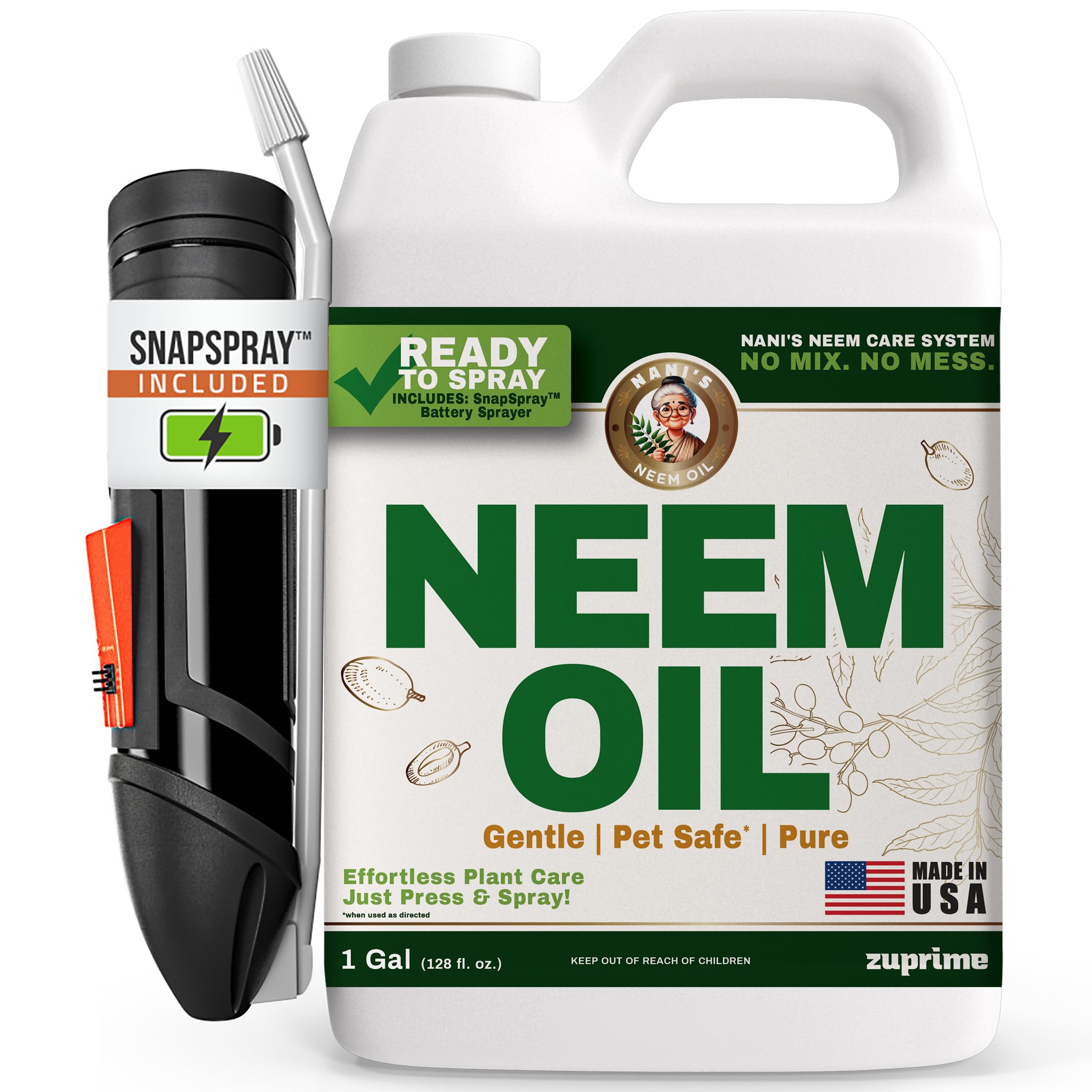 Zuprime Nani's Neem Oil Spray bottle with SnapSpray for quick, mess-free setup.