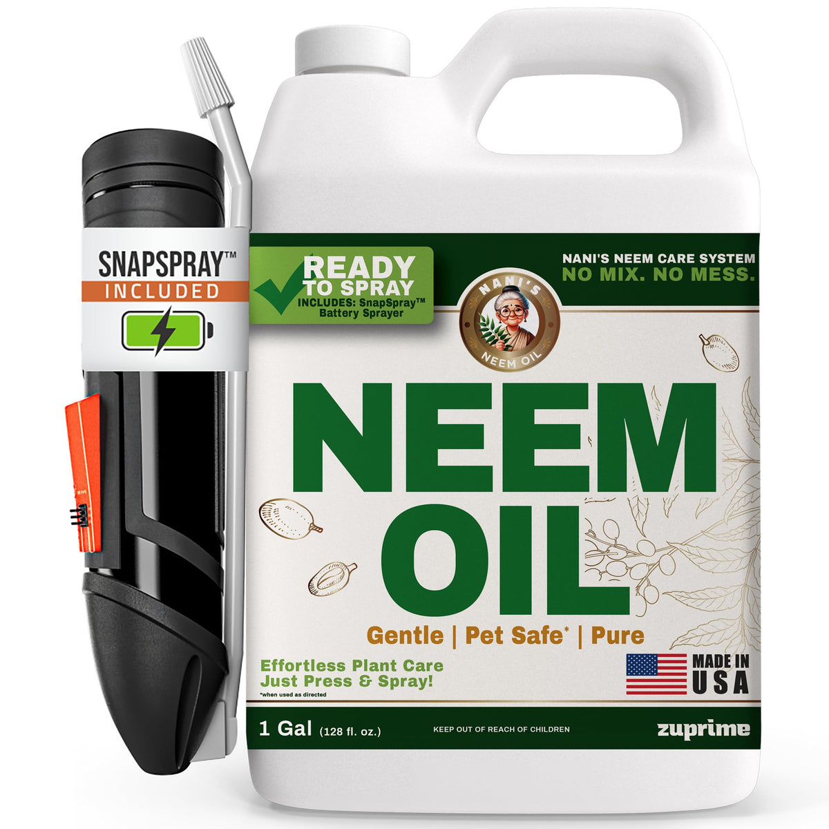 Zuprime Nani's Neem Oil Spray bottle with SnapSpray for quick, mess-free setup.