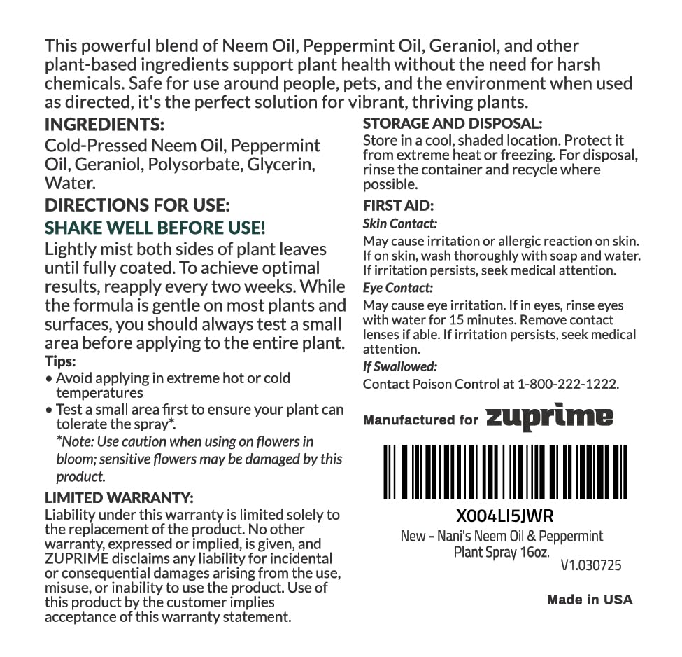 Close up of Zuprime Nani neem peppermint spray blend on leaves