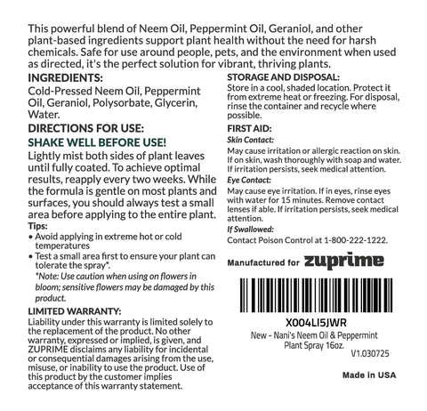 Close up of Zuprime Nani neem peppermint spray blend on leaves