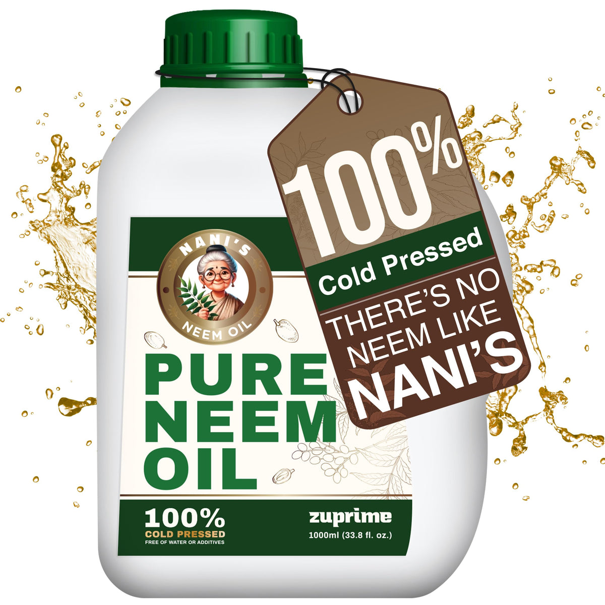 Zuprime Nani's Neem Oil concentrate bottle for lush indoor and outdoor plants.