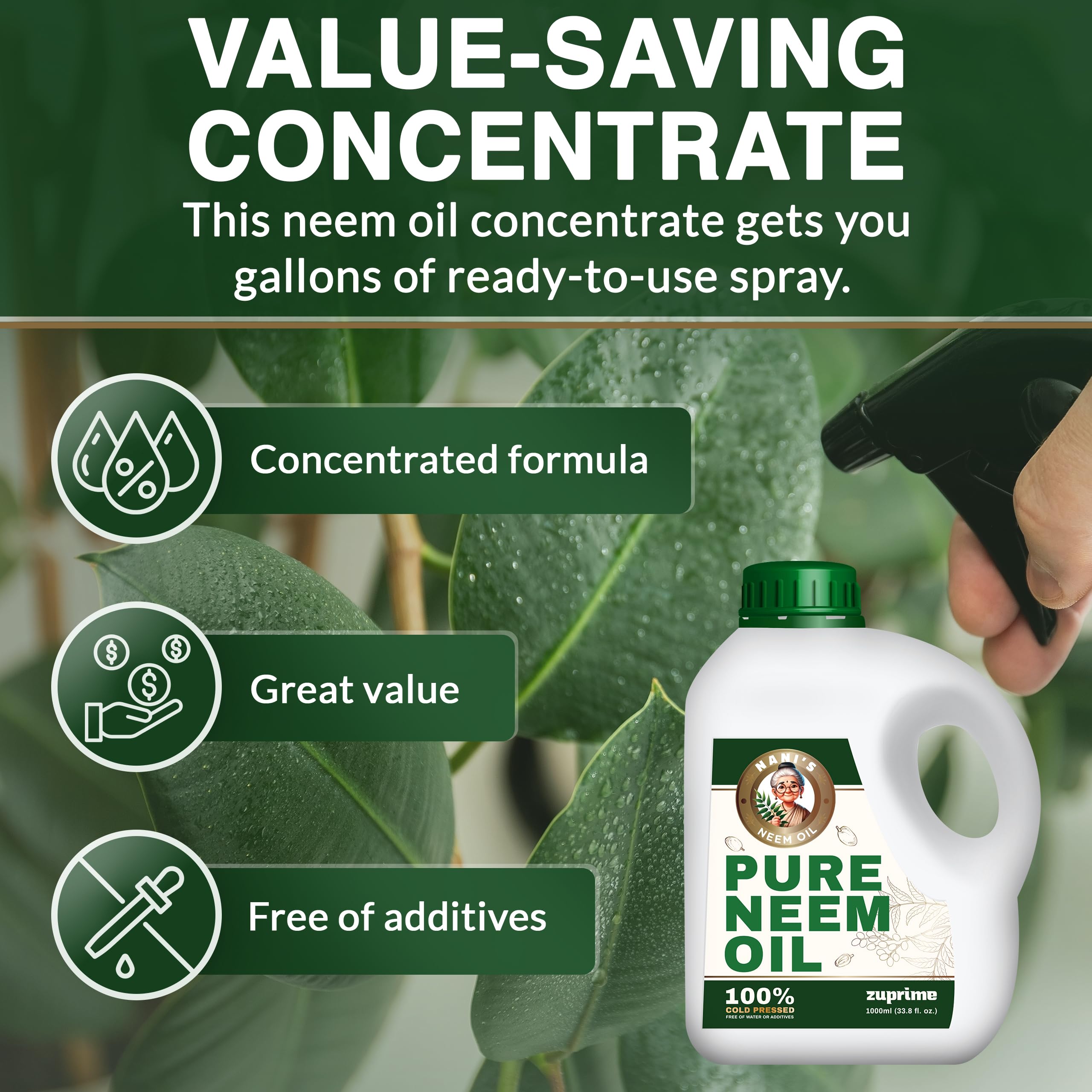 Zuprime Nani's Neem Oil spray applicator delivers even coverage on foliage.