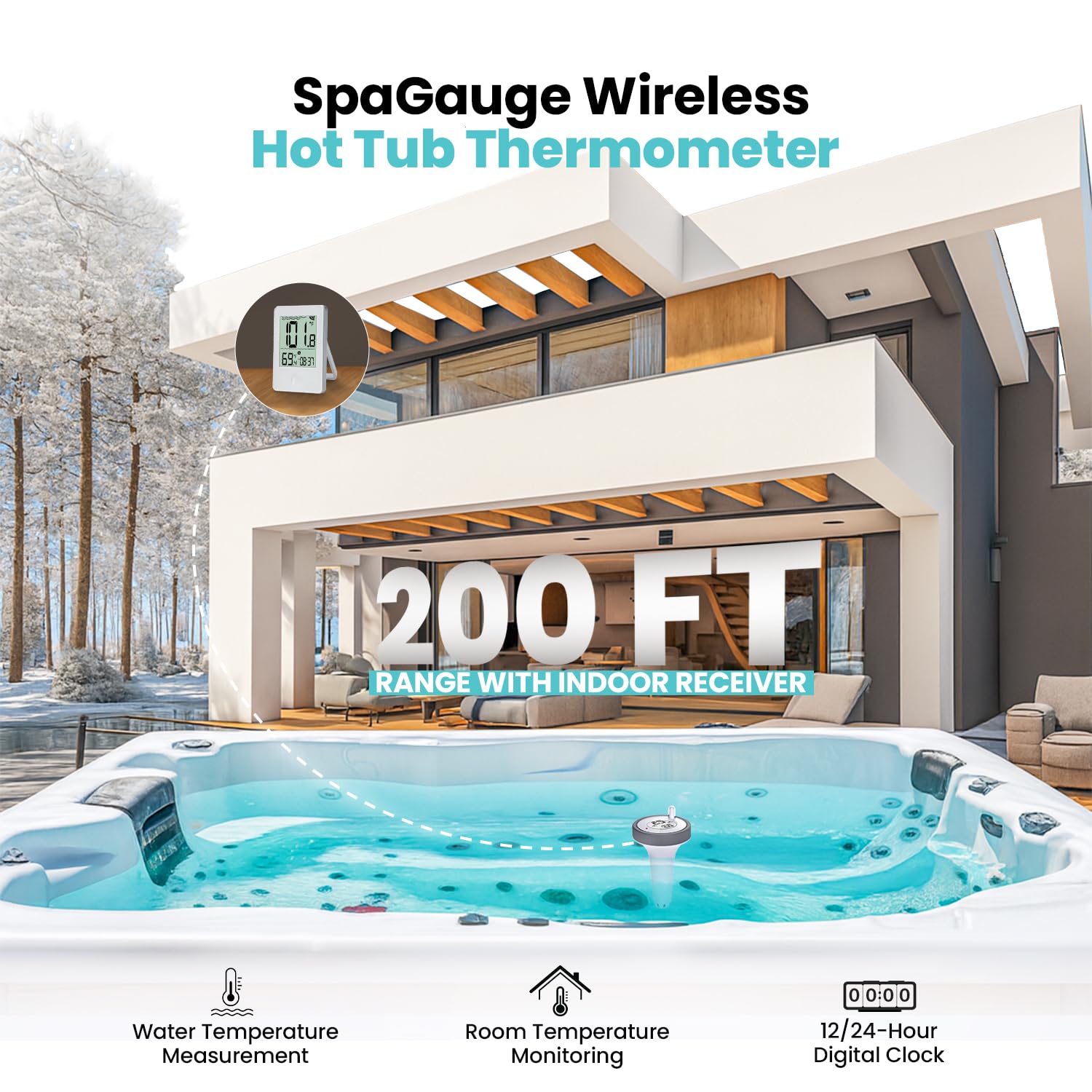 Zuprime SpaGauge indoor receiver displaying temperature and clock for convenient checks.