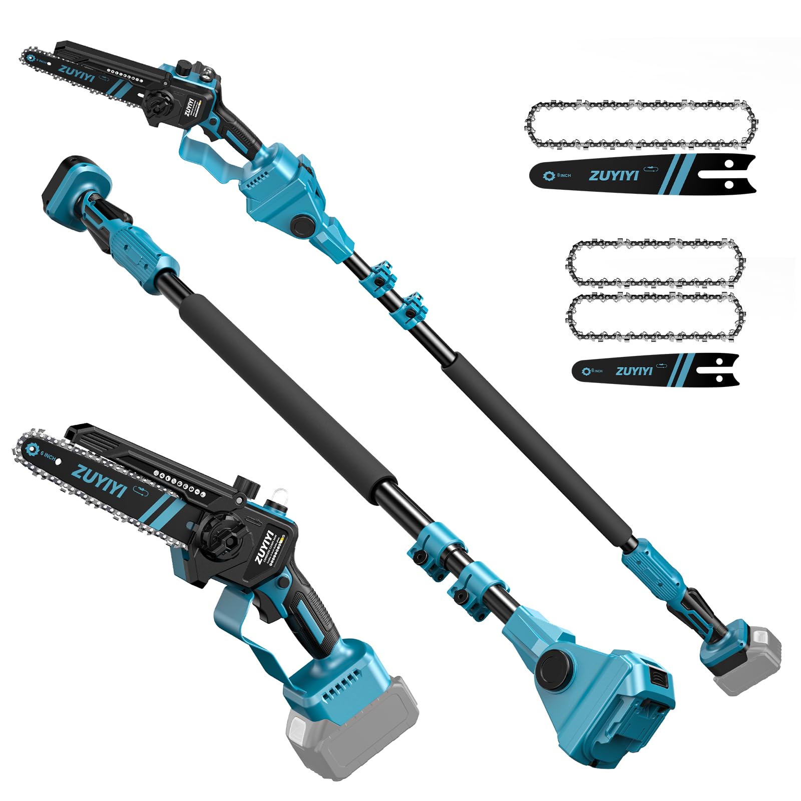 ZUYIYI 3-in-1 cordless pole saw for overhead pruning and safe handling.