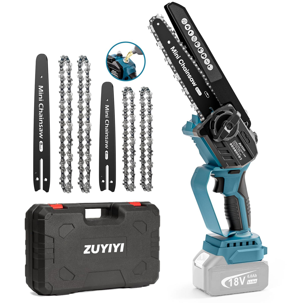 ZUYIYI mini chainsaw with 6 inch bar for precise pruning and clean cuts