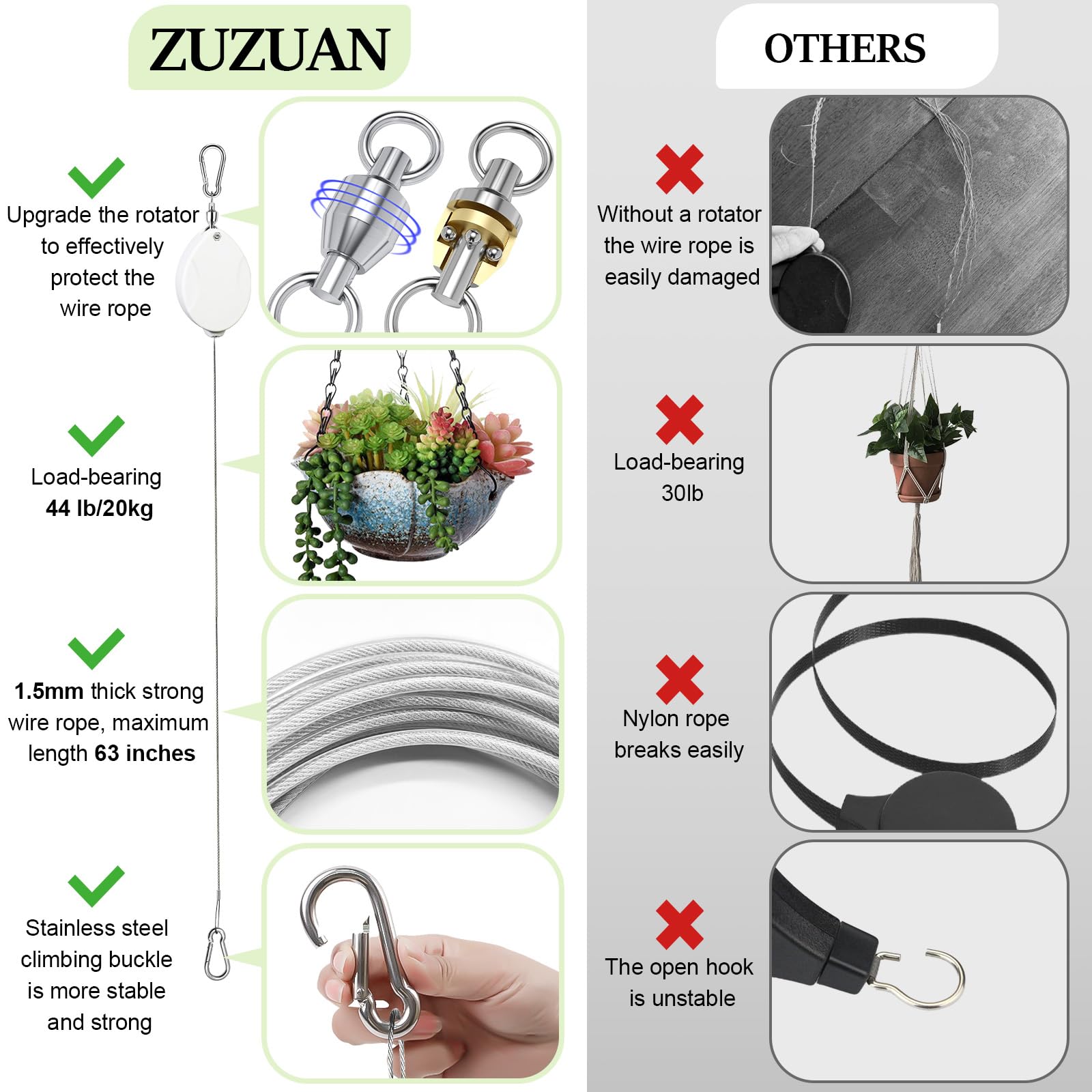 ZUZUAN garden setup showing retractable hook with pots and bird feeders.