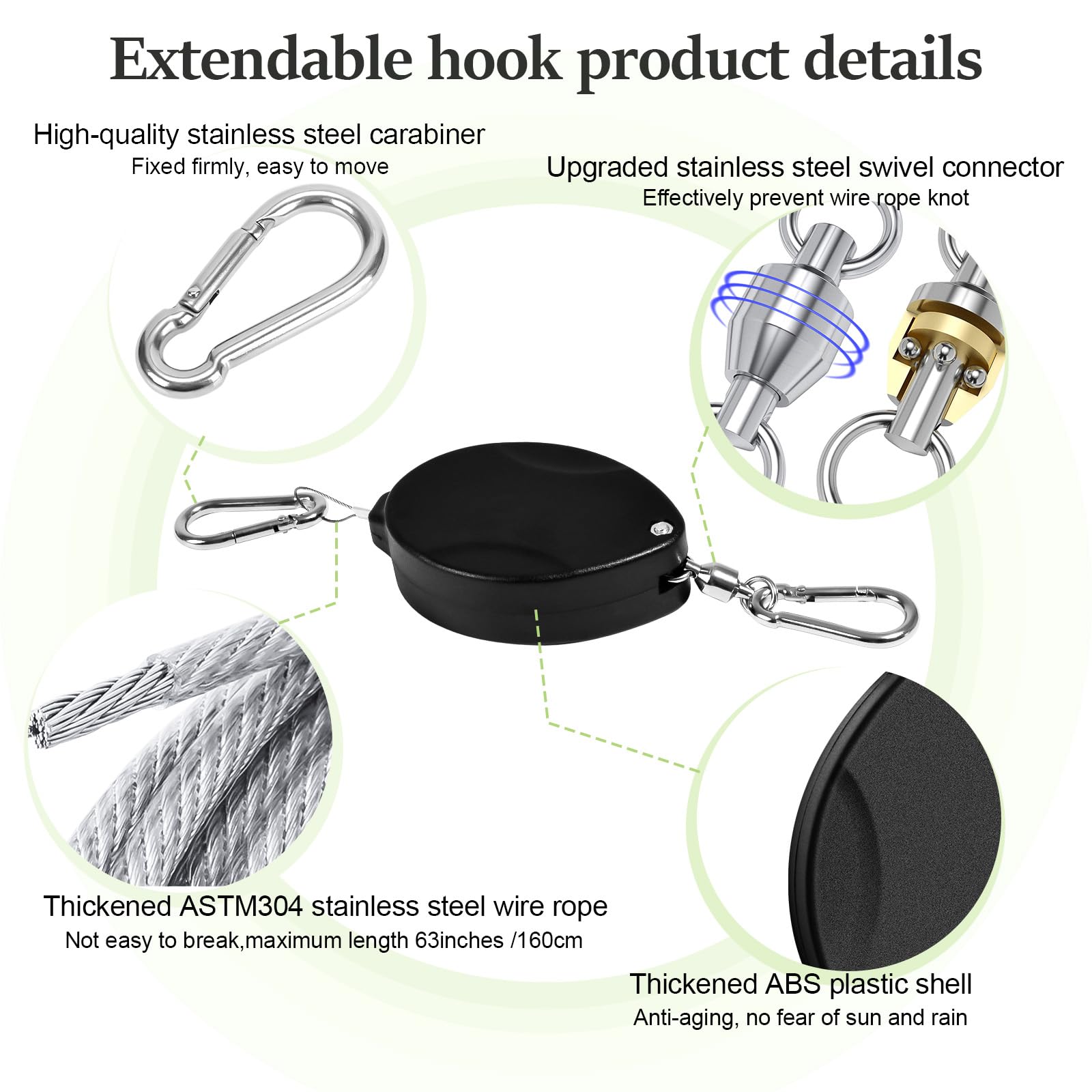 ZUZUAN stainless steel wires and carabiners, durable components.
