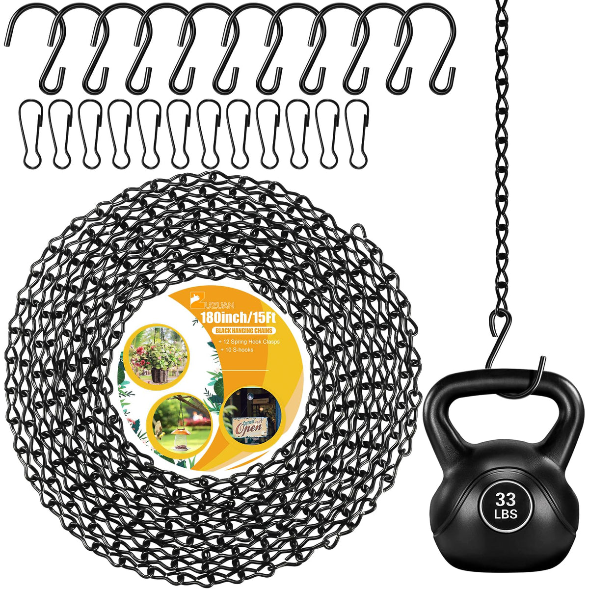 ZUZUAN upgraded 180-inch heavy-duty chain shown full length for versatile hanging.
