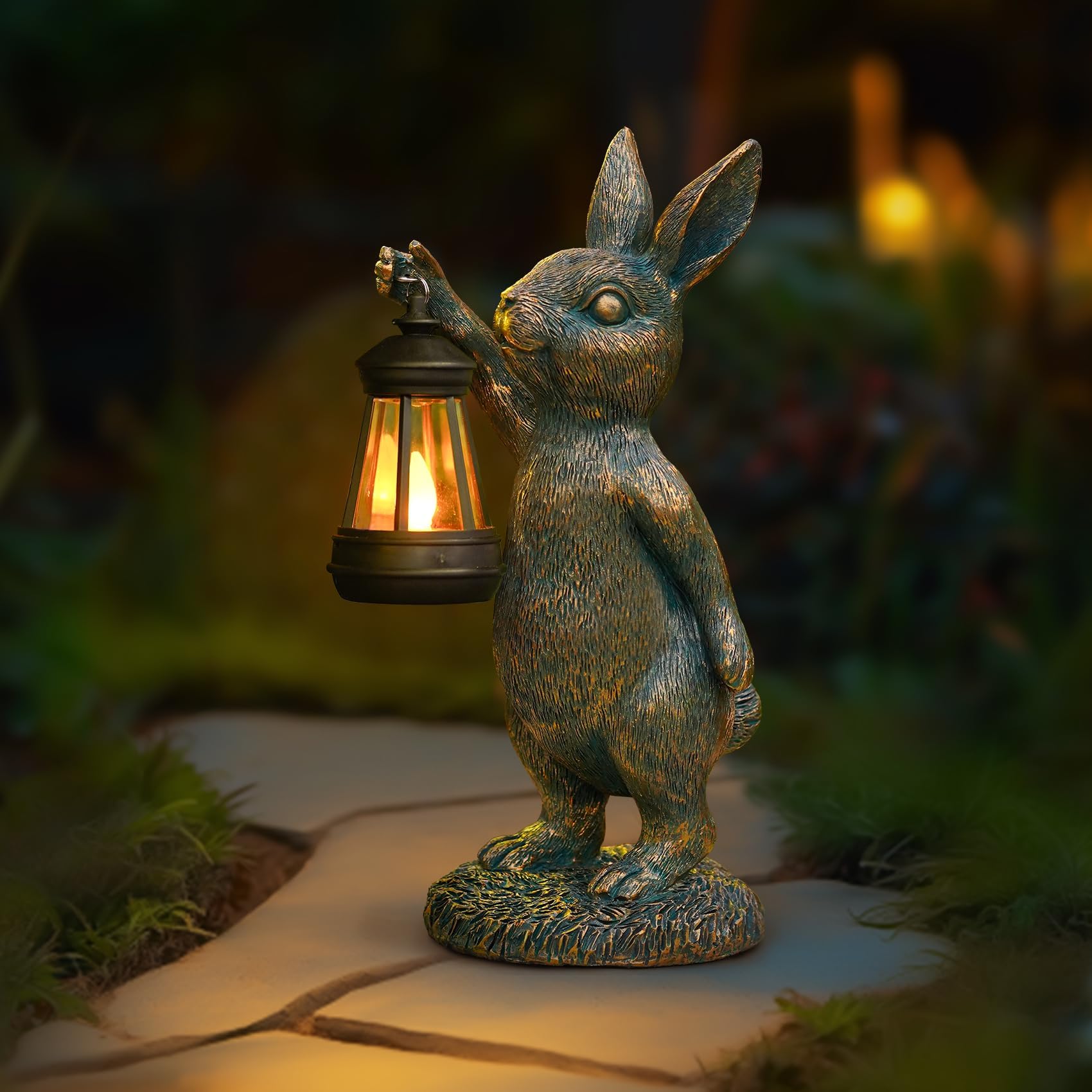 Zuzuzen rabbit garden statue with solar lantern provides warm dusk illumination for patios