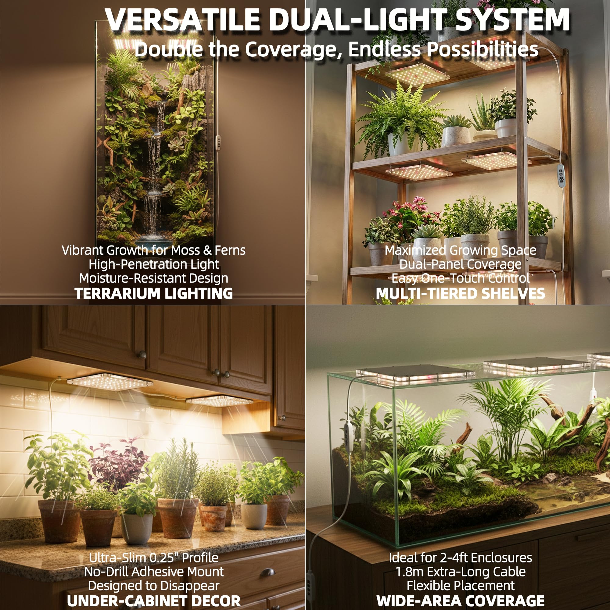 zwveuvs 3500K full spectrum mode illuminates succulents on a display wall