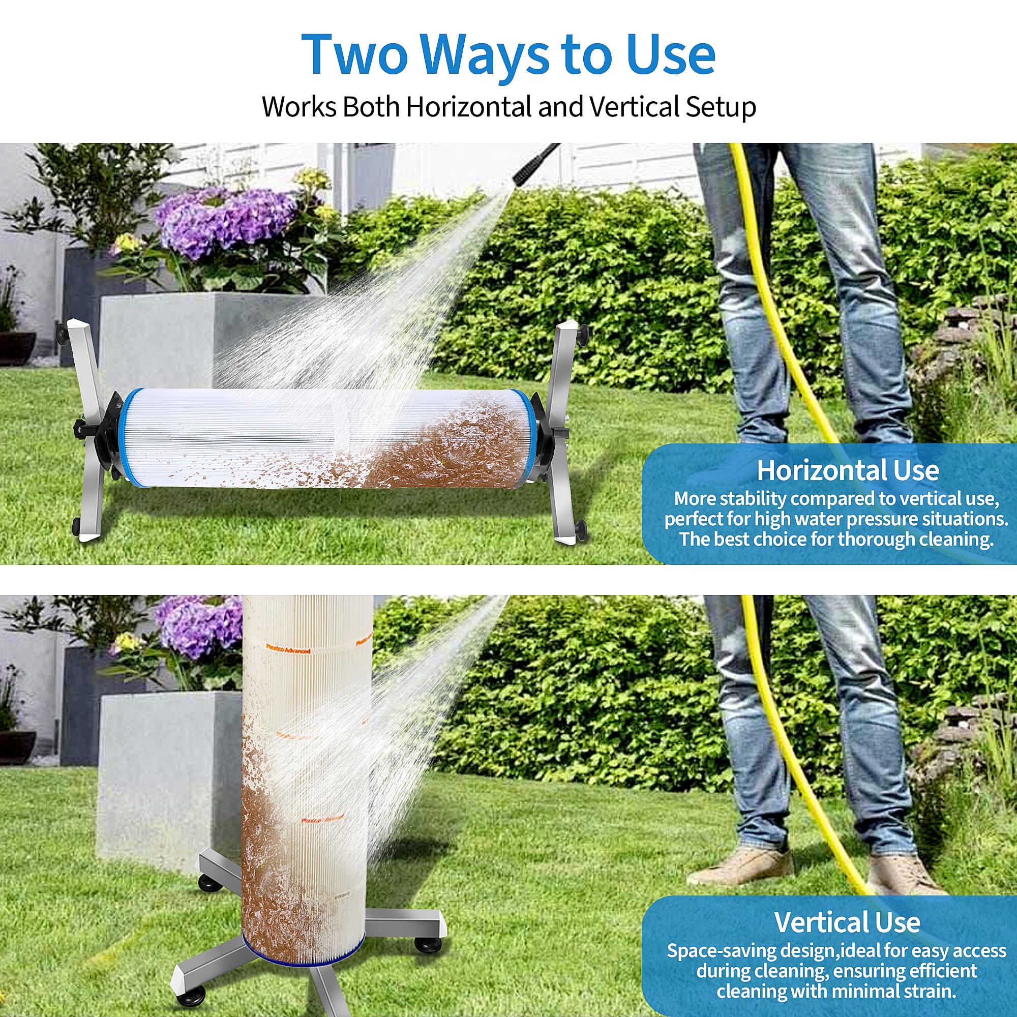 ZXBAZBB pool filter cleaner stand demonstrates 4-inch cartridge compatibility.