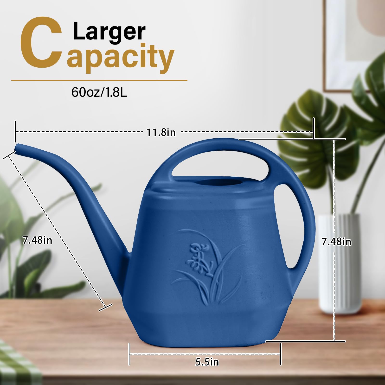 ZXJ watering can shows 64oz capacity to reduce refills during indoor gardening.