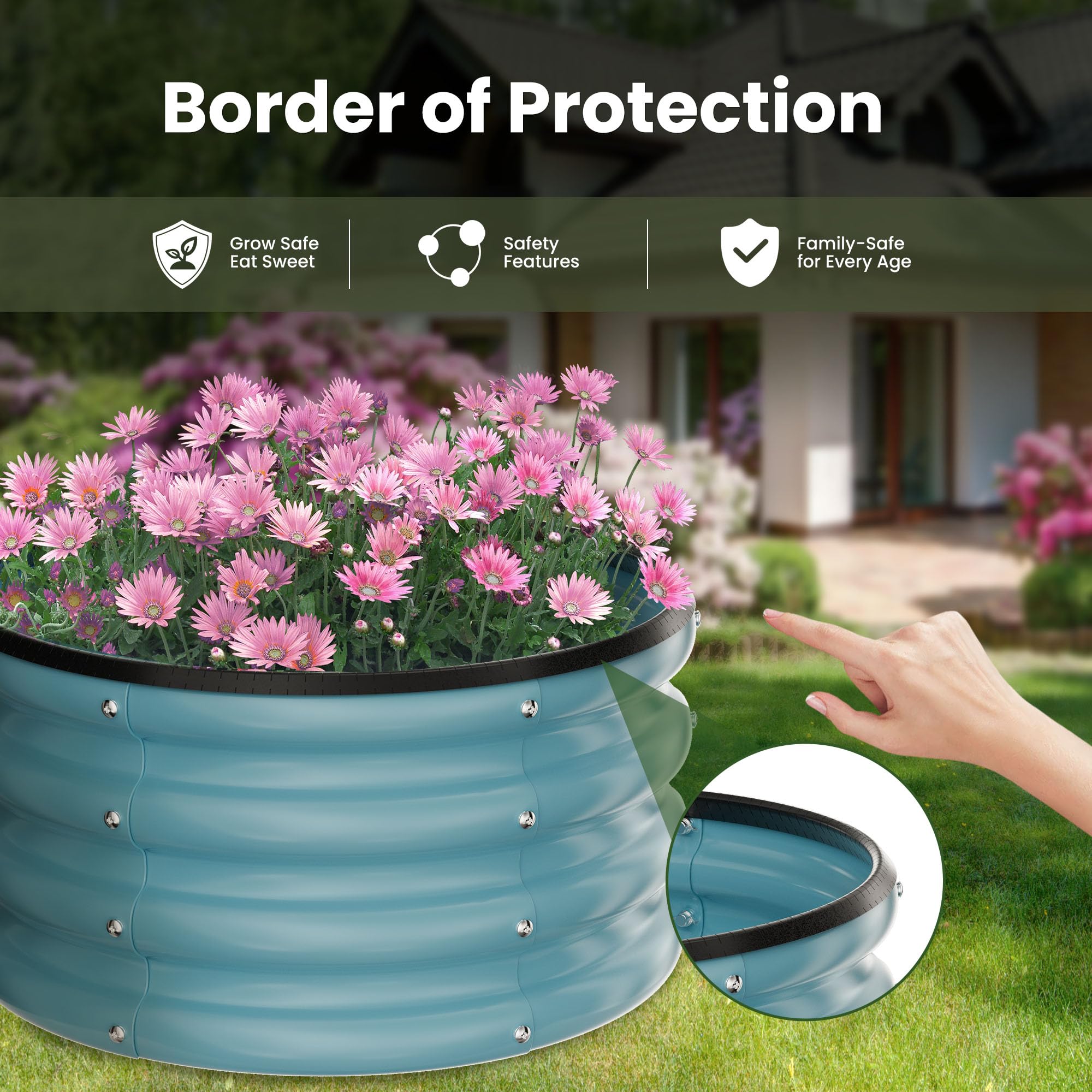 ZXZYHFTY blue round bed shows durable steel construction for outdoor use.