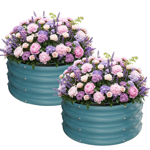 ZXZYHFTY round galvanized raised garden bed with open base for drainage.