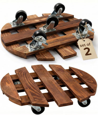 ZXZYHFTY round wooden plant stand with wheels for easy mobility.