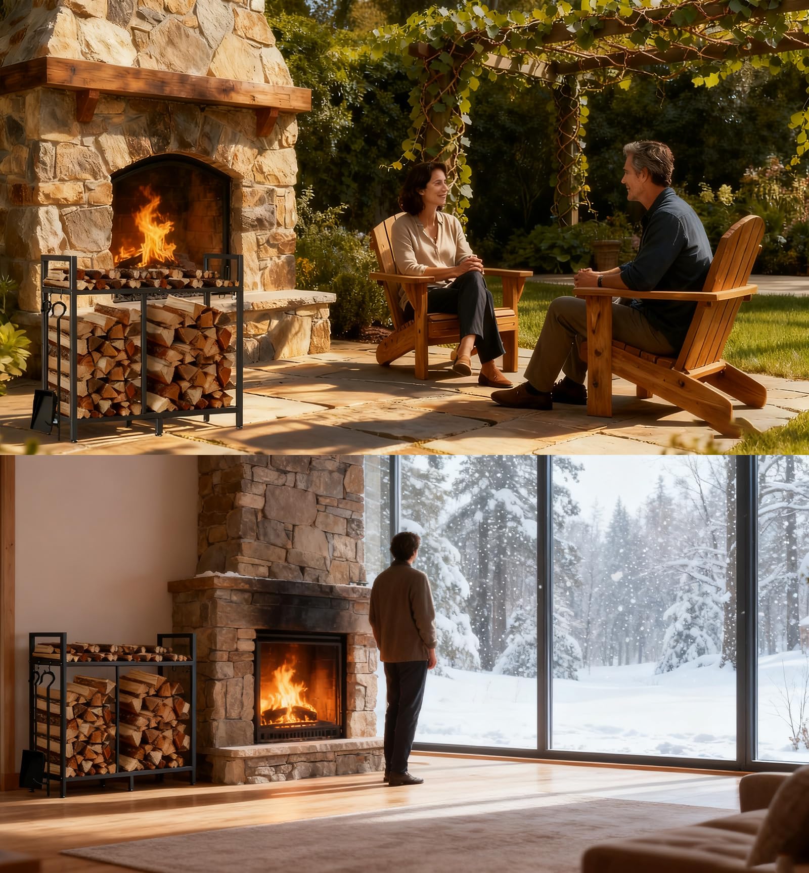 zyatksml logs neatly staged by the fireplace on rack