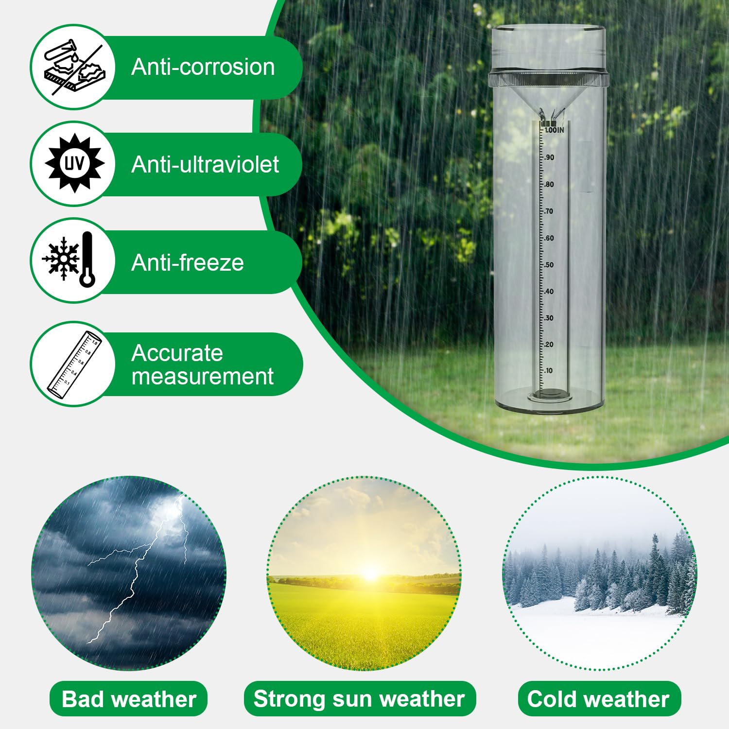 Zylaer rain gauge inner reading tube illustrates 0.01 inch precision