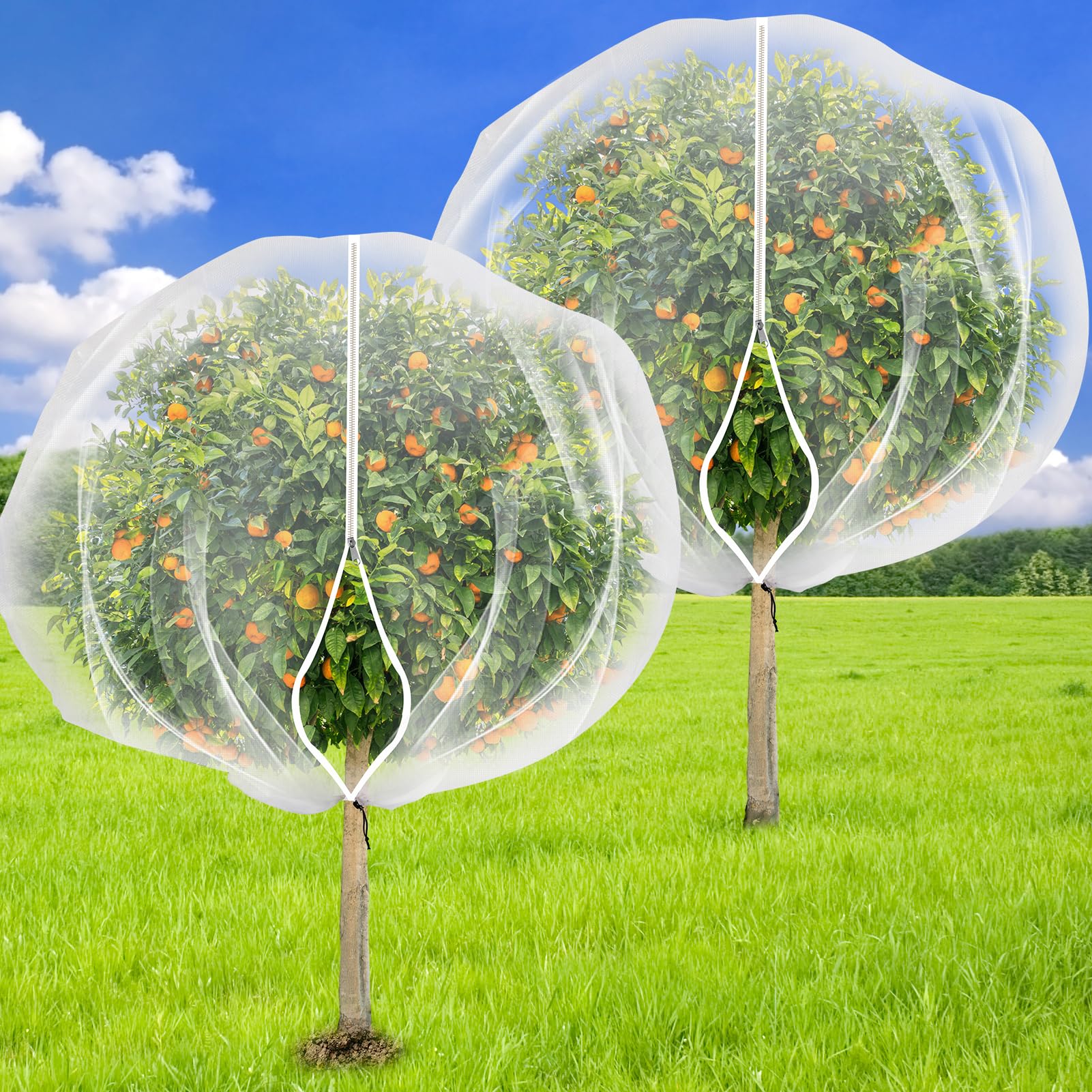 ZYP 2-pack fruit tree netting covers 7-8 ft, protecting trees.