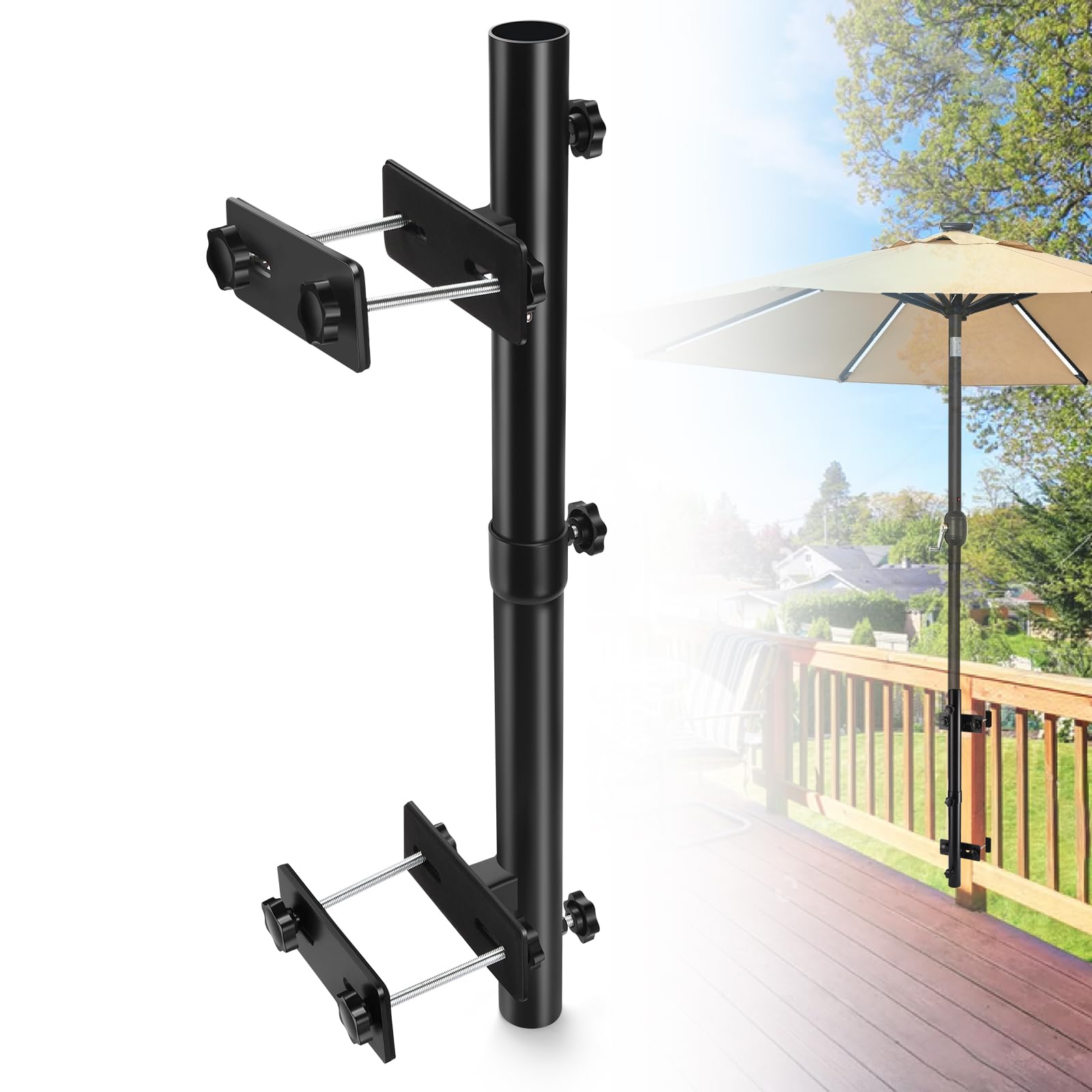ZZM patio umbrella holder on deck railing secures shade without floor clutter.