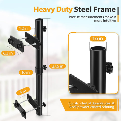 ZZM umbrella holder with adjustable clamp fits railings 2 to 4 inches thick.