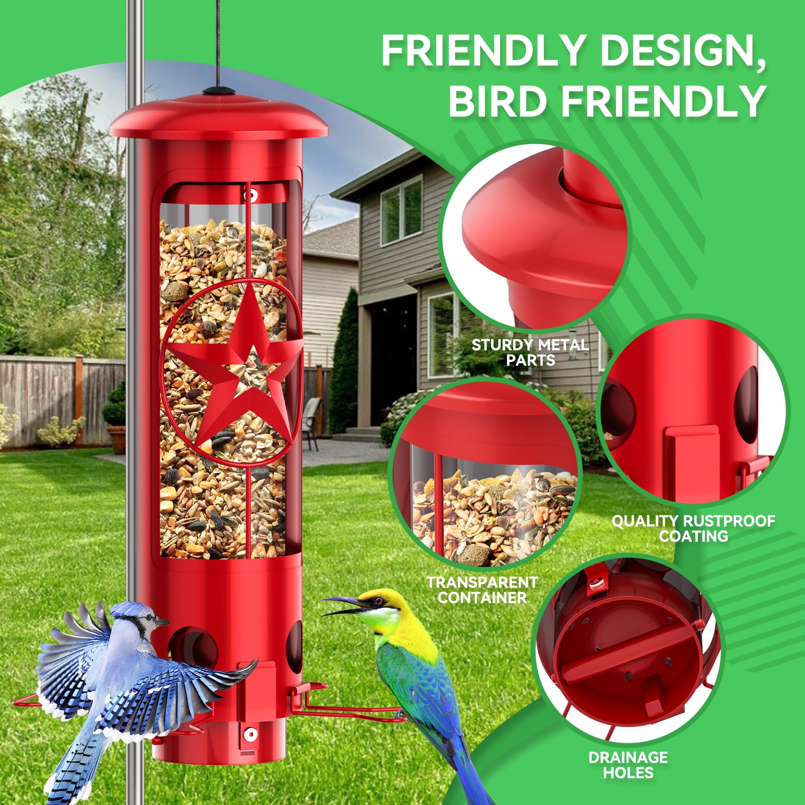 ZZOOEE Squirrel-Proof Feeder with 3lb capacity supports longer bird visits.