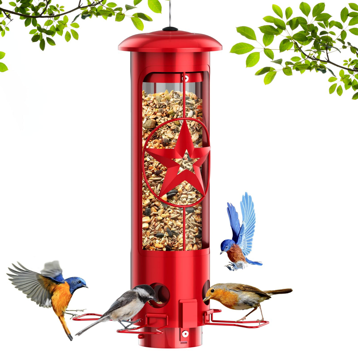 ZZOOEE Squirrel-Proof Feeder exterior view shows durable metal construction for year-round feeding.