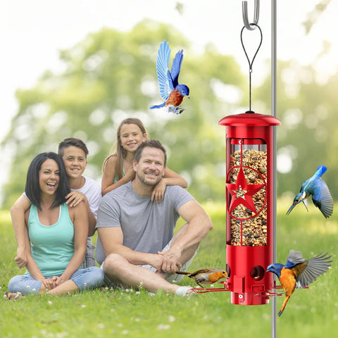 ZZOOEE Squirrel-Proof Feeder red design with star accent attracts birds.