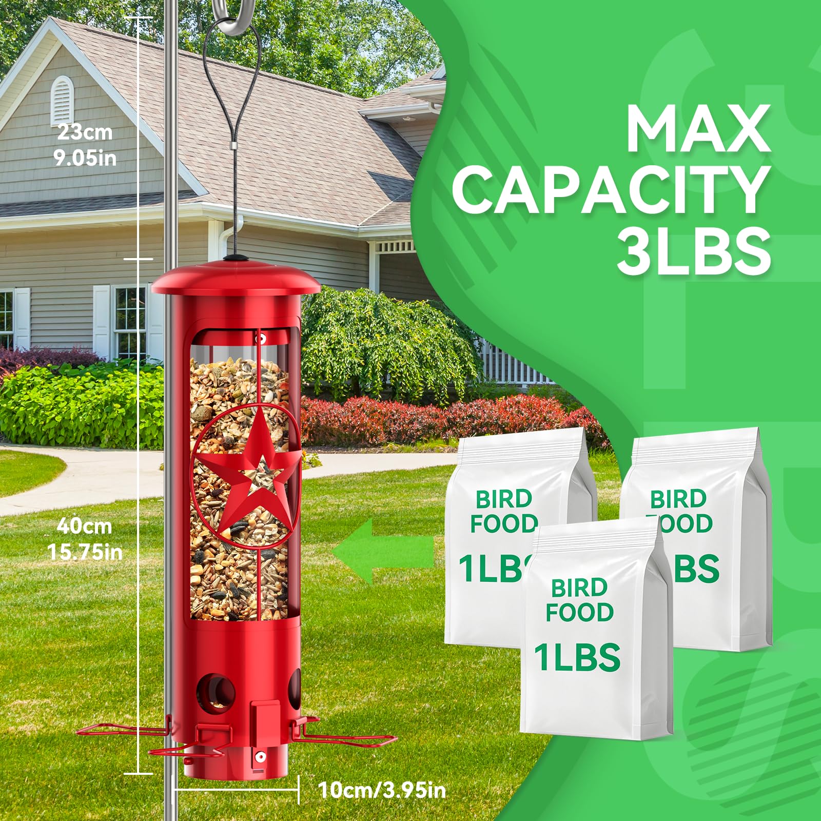 ZZOOEE Squirrel-Proof Feeder clear seed window helps monitor levels at a glance.