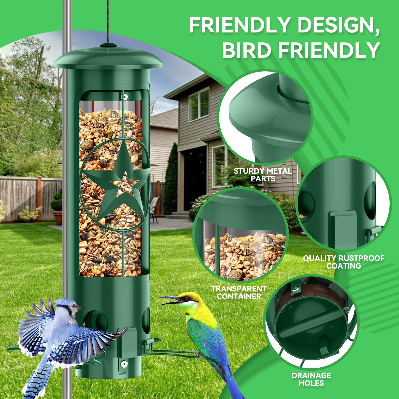ZZOOEE Squirrel Proof Feeder side view showing sturdy metal construction